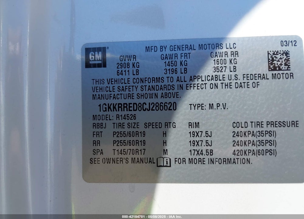 2012 GMC ACADIA VIN: 1GKKRRED8CJ286620