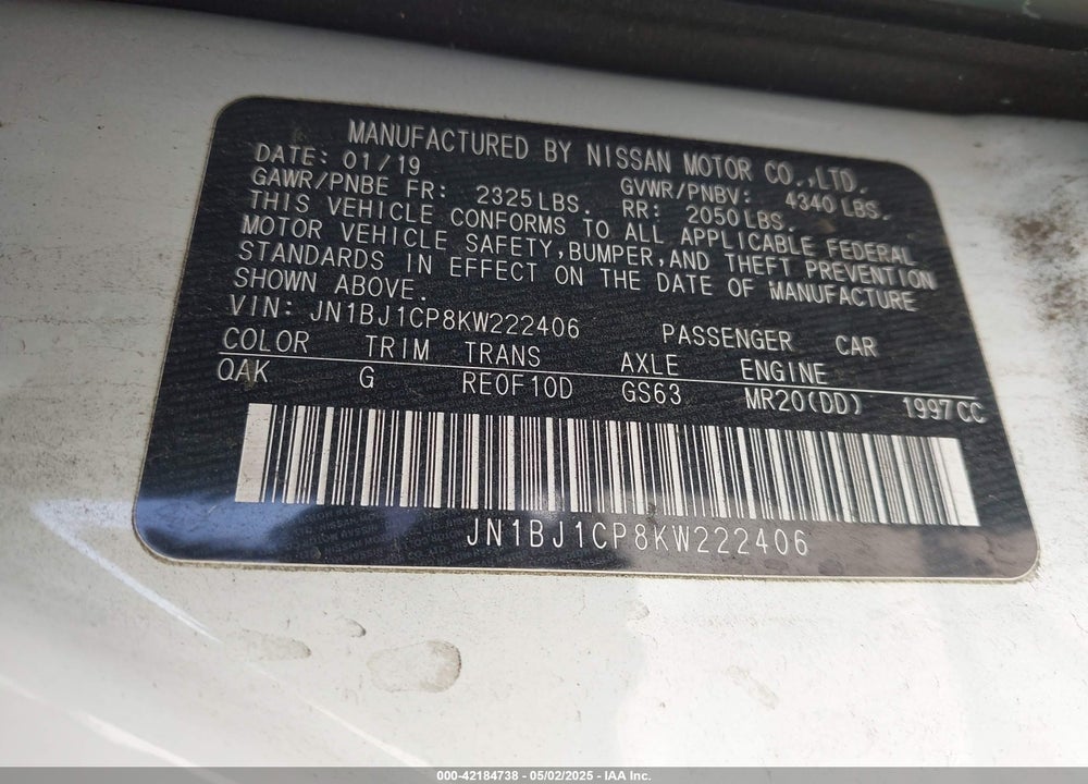 2019 NISSAN ROGUE SPORT VIN: JN1BJ1CP8KW222406