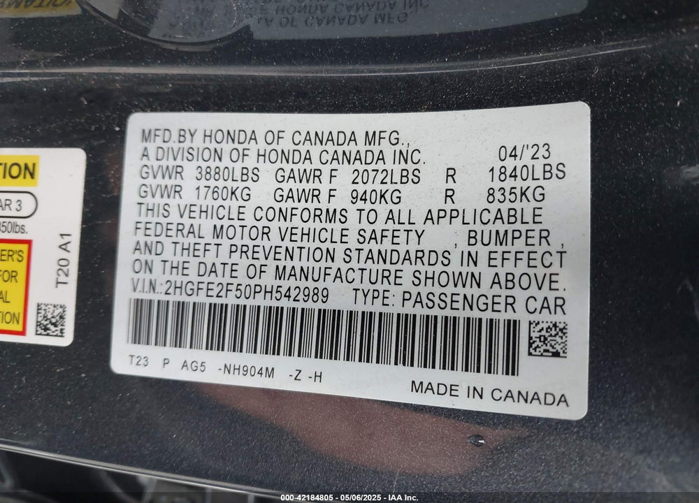 2023 HONDA CIVIC SPORT VIN: 2HGFE2F50PH542989