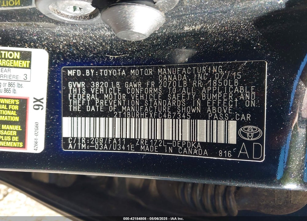 2015 TOYOTA COROLLA VIN: 2T1BURHEXFC467345