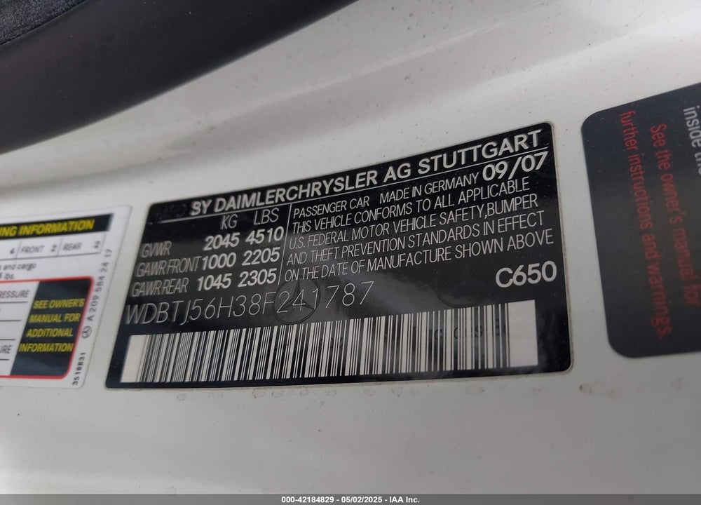 2008 MERCEDES-BENZ CLK 350 VIN: WDBTJ56H38F241787