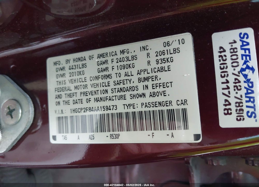 2010 HONDA ACCORD VIN: 1HGCP2F84AA159473