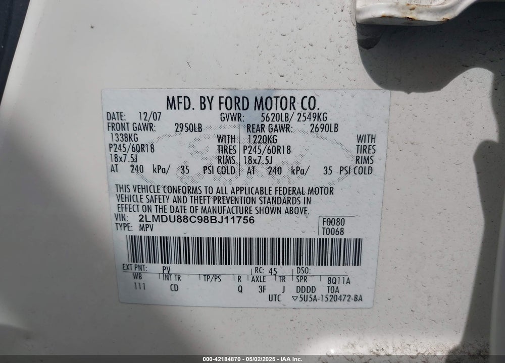 2008 LINCOLN MKX VIN: 2LMDU88C98BJ11756