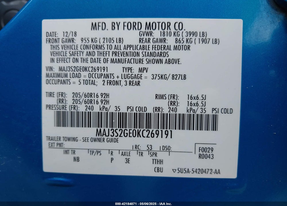 2019 FORD ECOSPORT VIN: MAJ3S2GE0KC269191