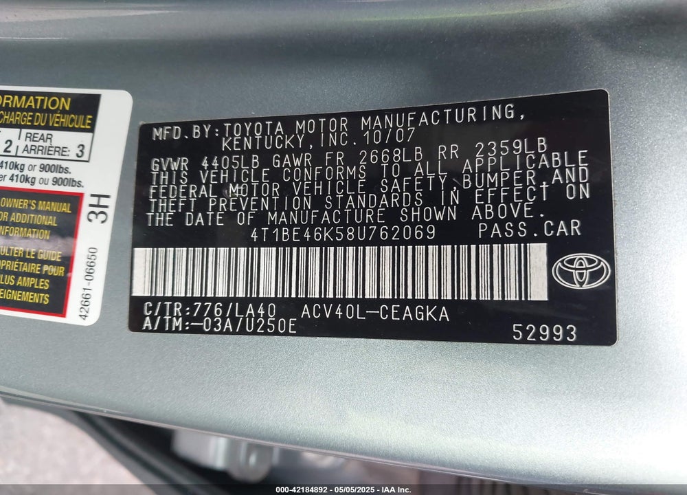 2008 TOYOTA CAMRY VIN: 4T1BE46K58U762069