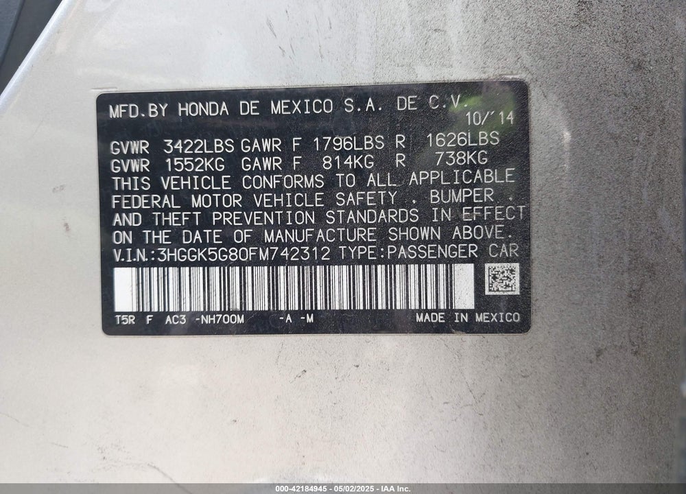 2015 HONDA FIT VIN: 3HGGK5G80FM742312