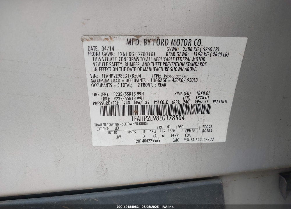 2014 FORD TAURUS SEL VIN: 1FAHP2E98EG178504