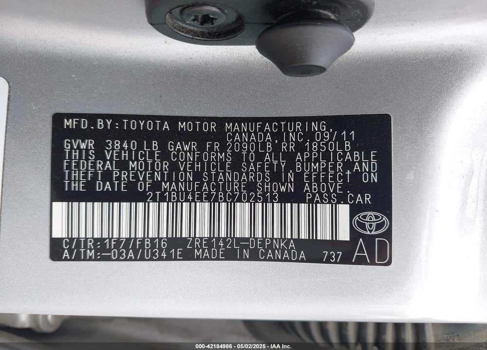 2011 TOYOTA COROLLA VIN: 2T1BU4EE7BC702513