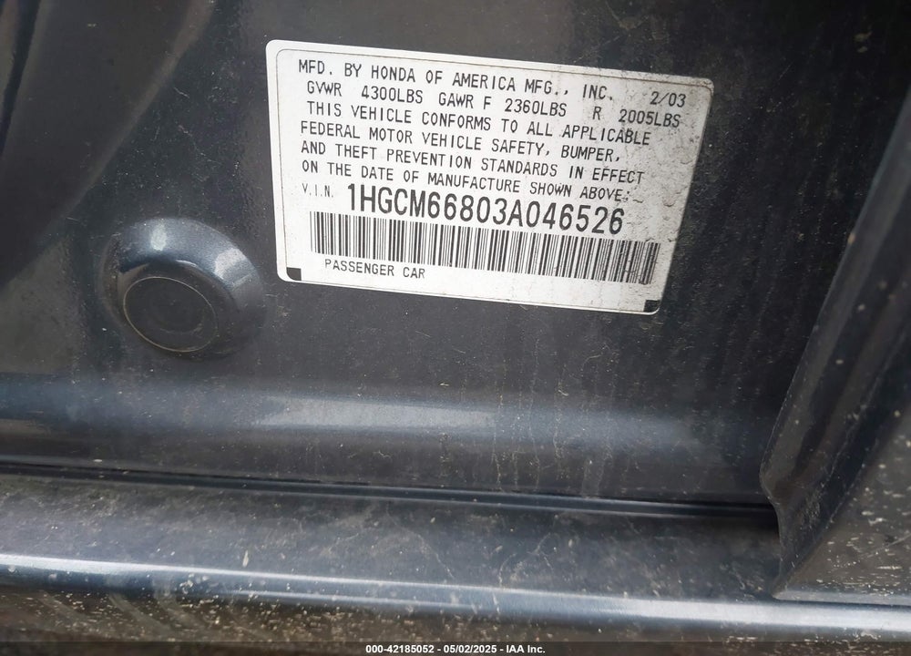2003 HONDA ACCORD VIN: 1HGCM66803A046526