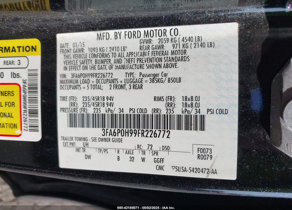 2015 FORD FUSION VIN: 3FA6P0H99FR226772