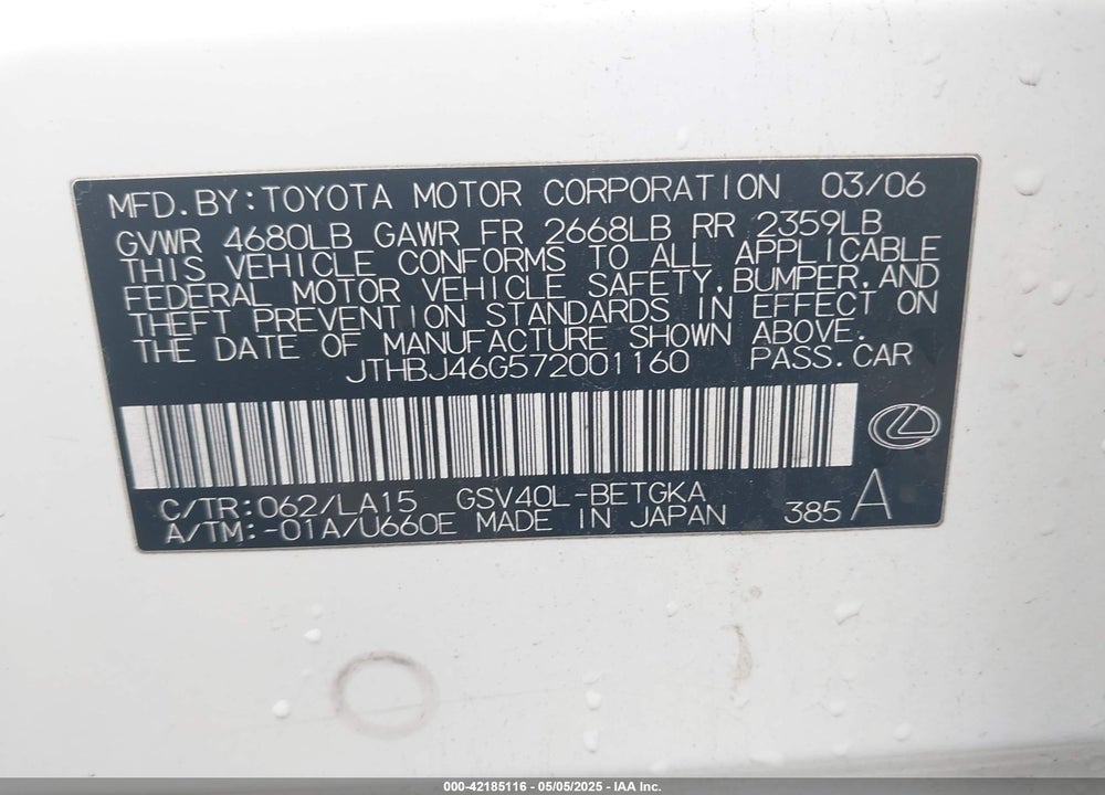 2007 LEXUS ES 350 VIN: JTHBJ46G572001160
