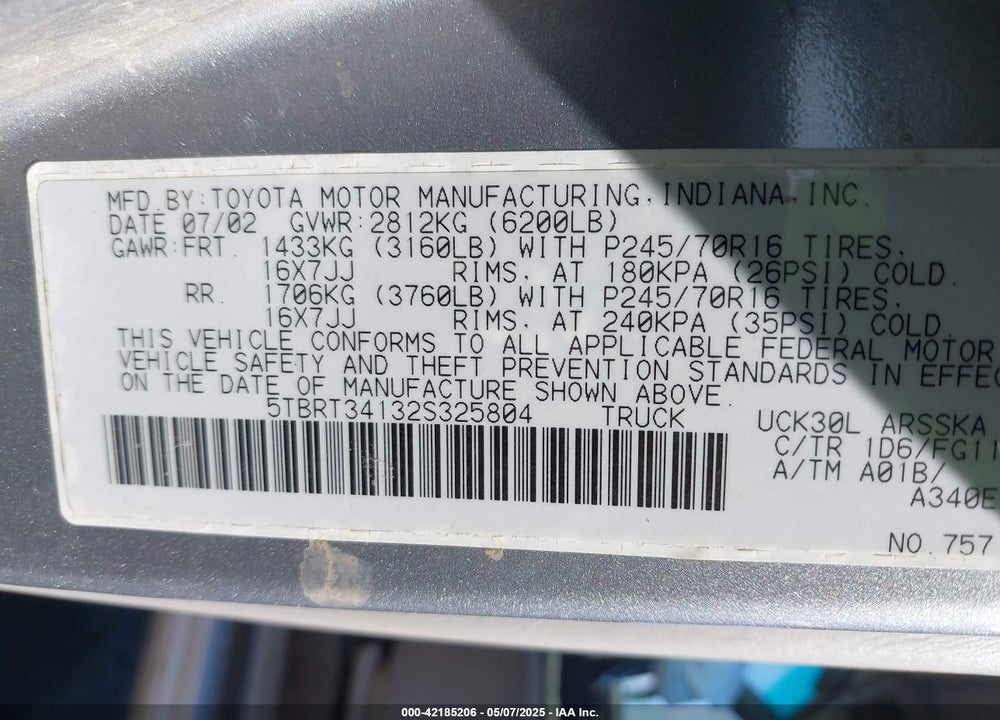 2002 TOYOTA TUNDRA VIN: 5TBRT34132S325804