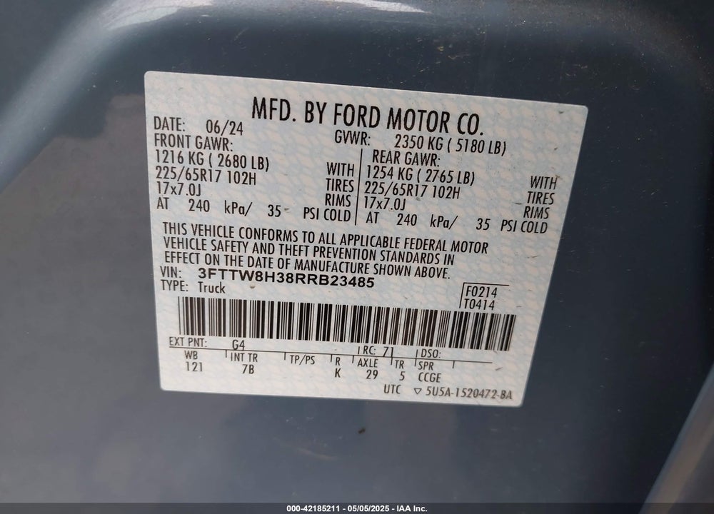 2024 FORD MAVERICK XLT VIN: 3FTTW8H38RRB23485