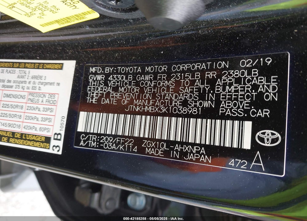 2019 TOYOTA C-HR XLE VIN: JTNKHMBX3K1038981