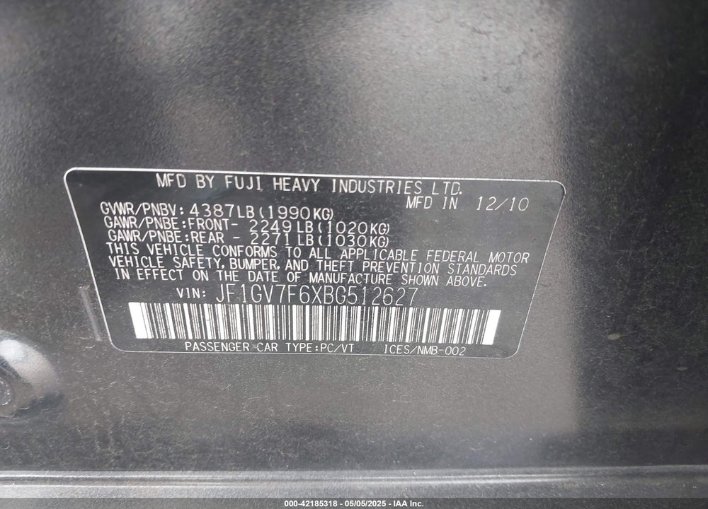 2011 SUBARU IMPREZA VIN: JF1GV7F6XBG512627