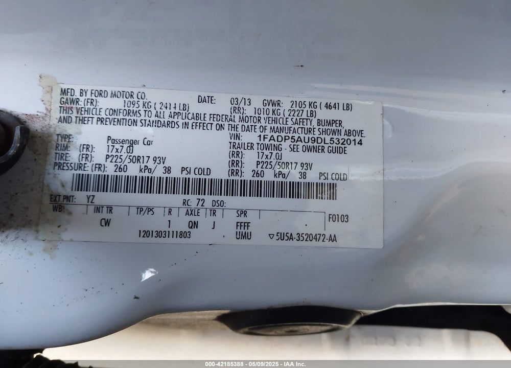 2013 FORD C-MAX HYBRID VIN: 1FADP5AU9DL532014