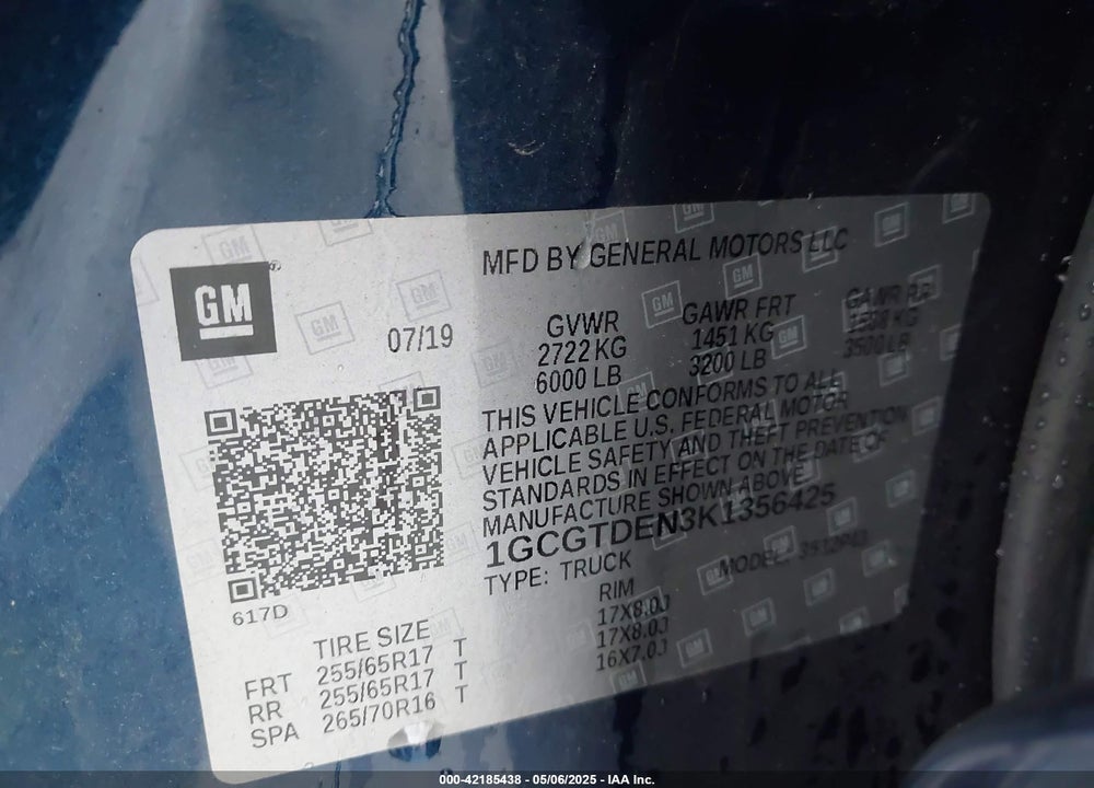 2019 CHEVROLET COLORADO Z71 VIN: 1GCGTDEN3K1356425