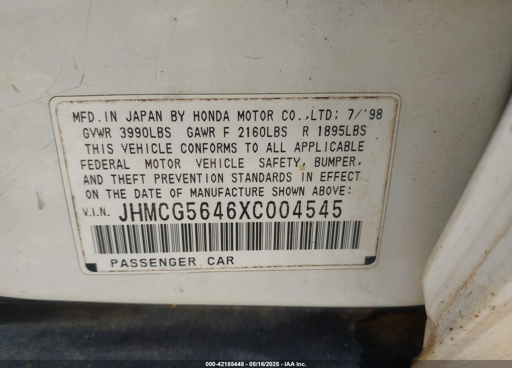 1999 HONDA ACCORD LX VIN: JHMCG5646XC004545