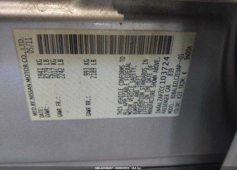 2012 NISSAN ALTIMA VIN: 1N4AL2AP2CC103724