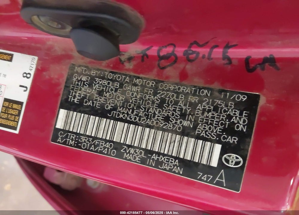 2010 TOYOTA PRIUS II VIN: JTDKN3DU2A0092870