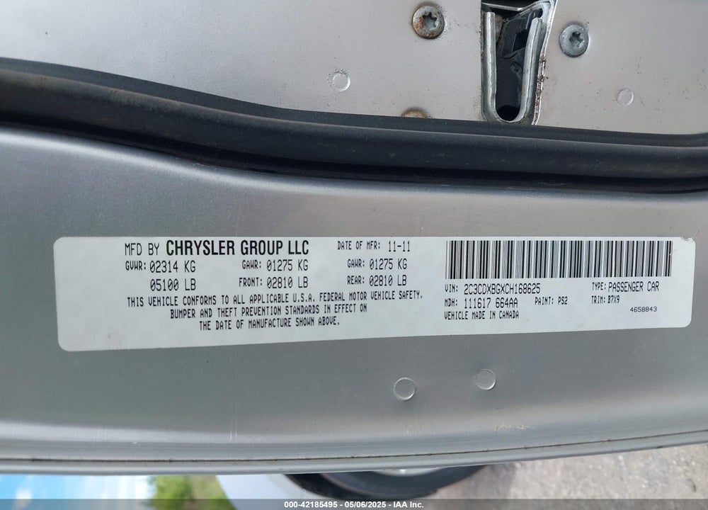 2012 DODGE CHARGER SE VIN: 2C3CDXBGXCH168625