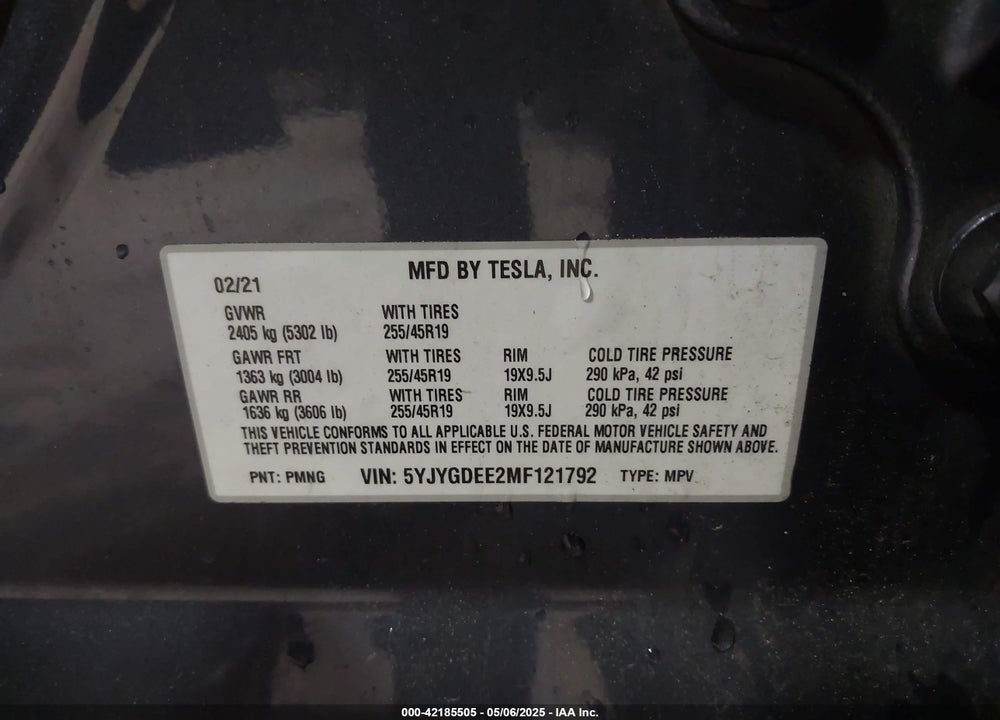 2021 TESLA MODEL Y VIN: 5YJYGDEE2MF121792
