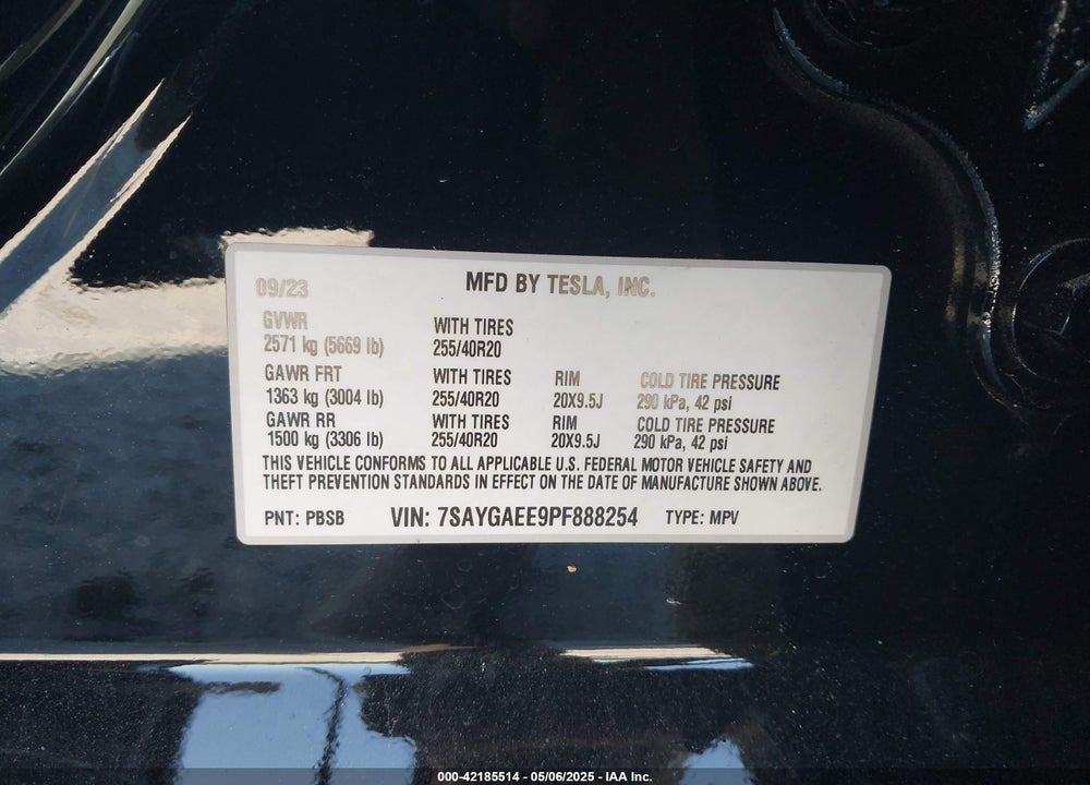 2023 TESLA MODEL Y VIN: 7SAYGAEE9PF888254