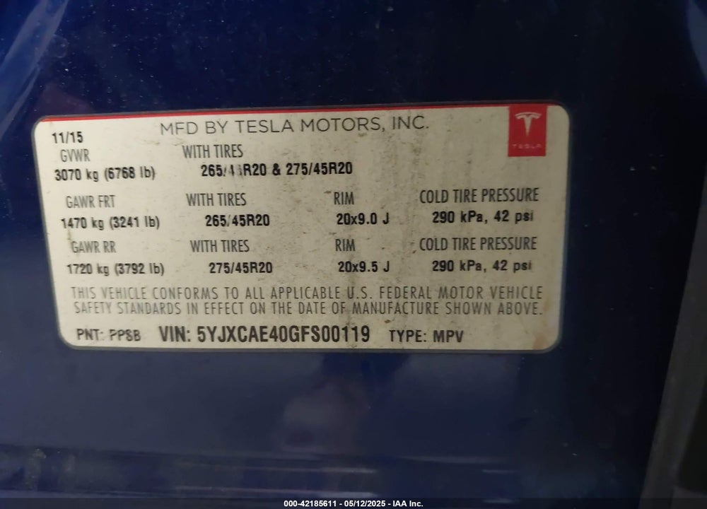 2016 TESLA MODEL X VIN: 5YJXCAE40GFS00119