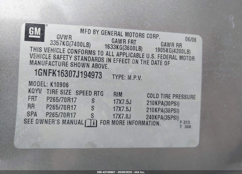 2007 CHEVROLET SUBURBAN 1500 LT VIN: 1GNFK16307J194973