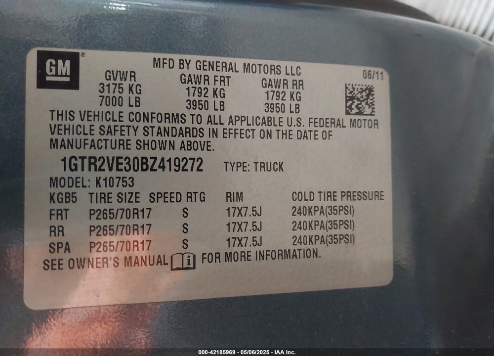 2011 GMC SIERRA 1500 VIN: 1GTR2VE30BZ419272