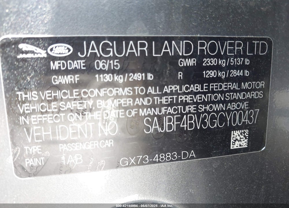 2016 JAGUAR XF VIN: SAJBF4BV3GCY00437