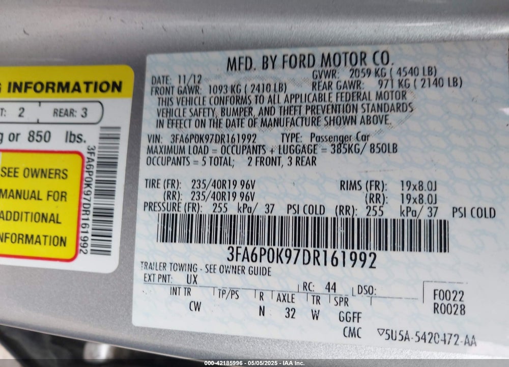 2013 FORD FUSION VIN: 3FA6P0K97DR161992