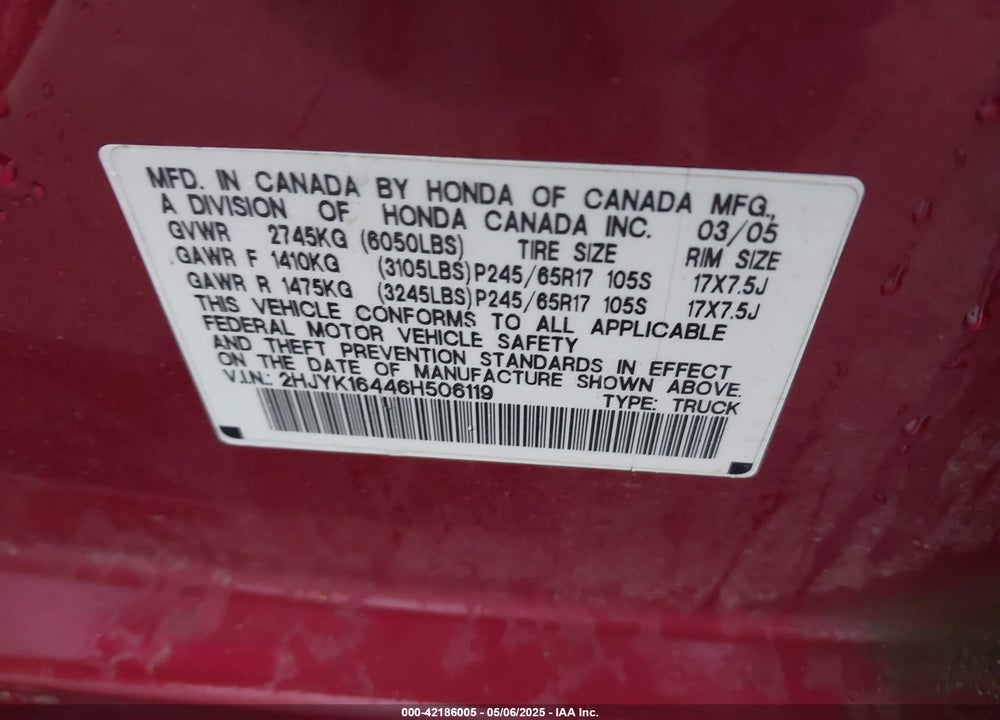 2006 HONDA RIDGELINE RTS VIN: 2HJYK16446H506119