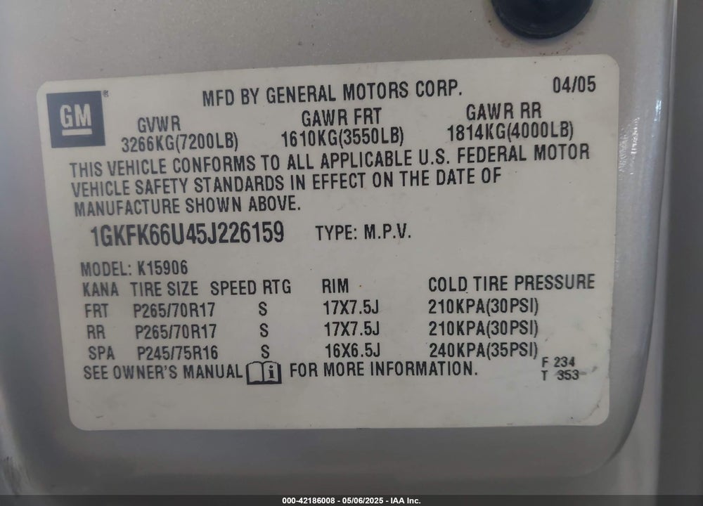2005 GMC YUKON XL 1500 VIN: 1GKFK66U45J226159