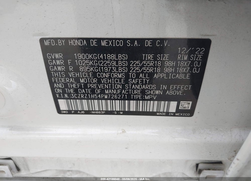 2023 HONDA HR-V VIN: 3CZRZ1H54PM726271