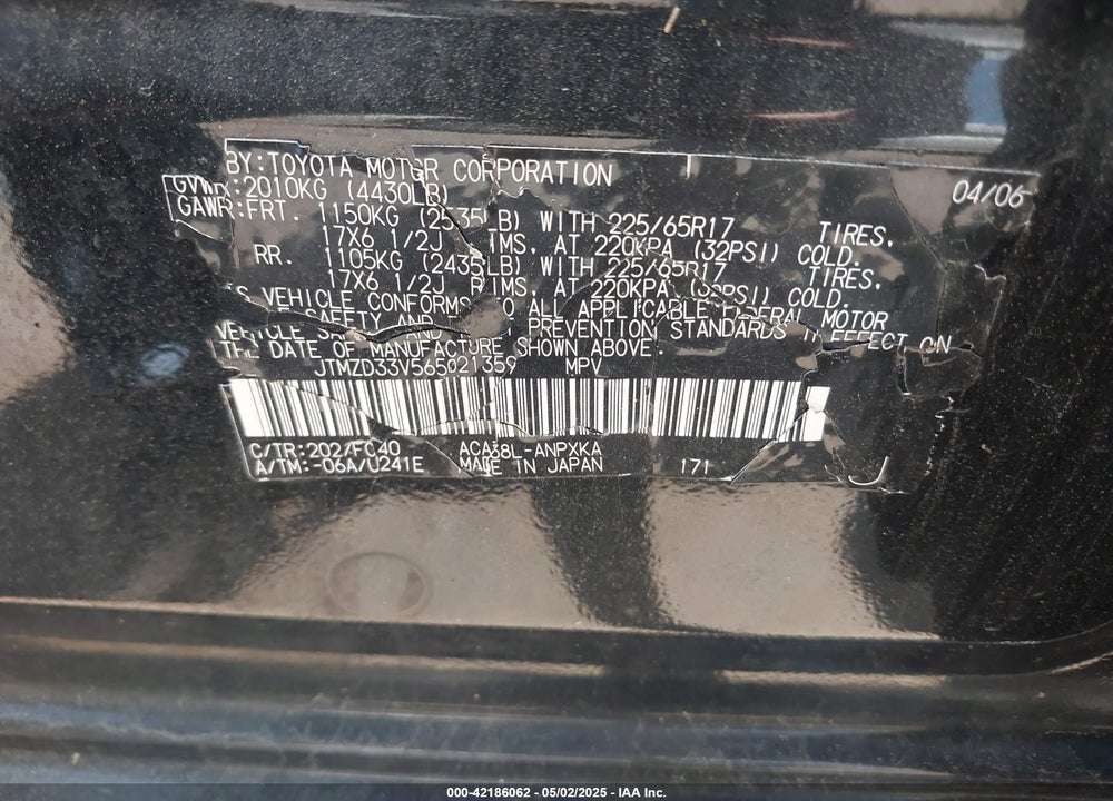 2006 TOYOTA RAV4 VIN: JTMZD33V565021359