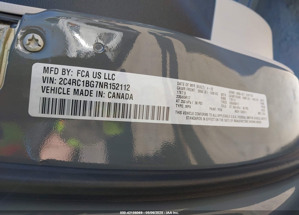 2022 CHRYSLER PACIFICA TOURING L VIN: 2C4RC1BG7NR152112
