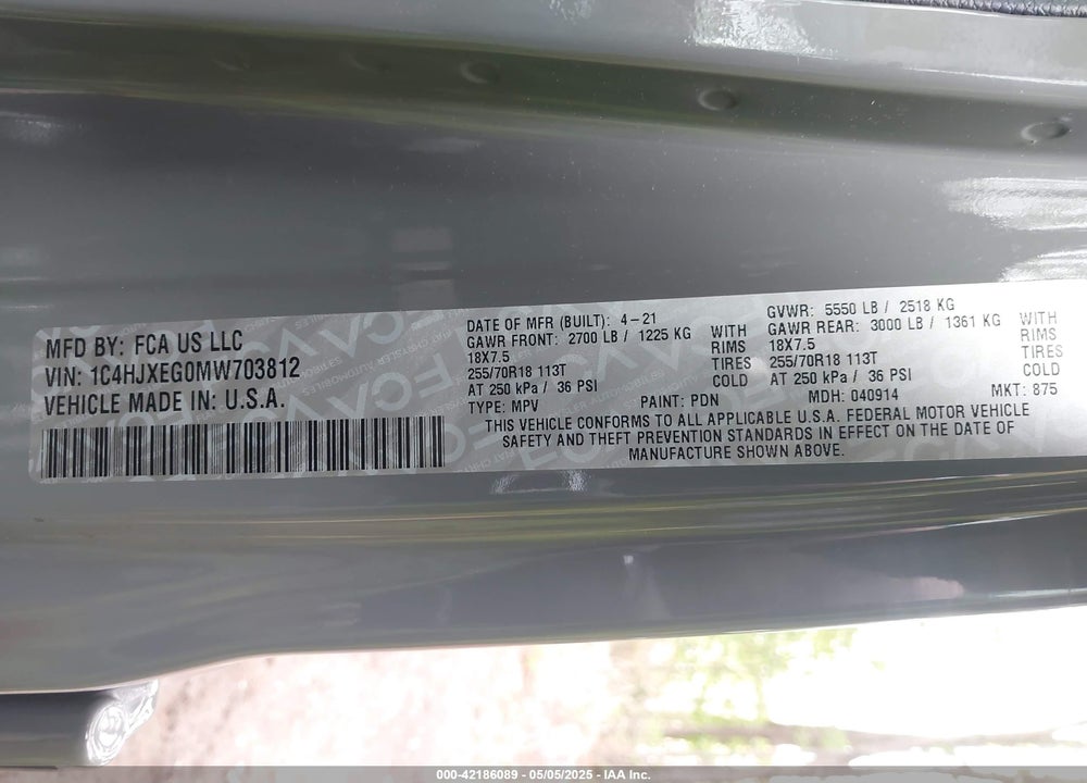 2021 JEEP WRANGLER UNLIMITED VIN: 1C4HJXEG0MW703812