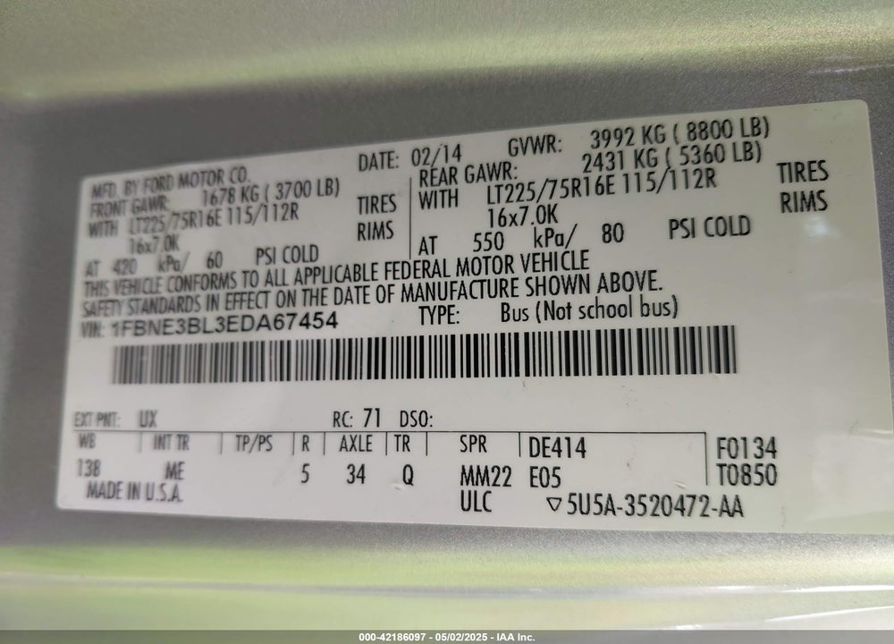 2014 FORD E-350 SUPER DUTY XLT VIN: 1FBNE3BL3EDA67454