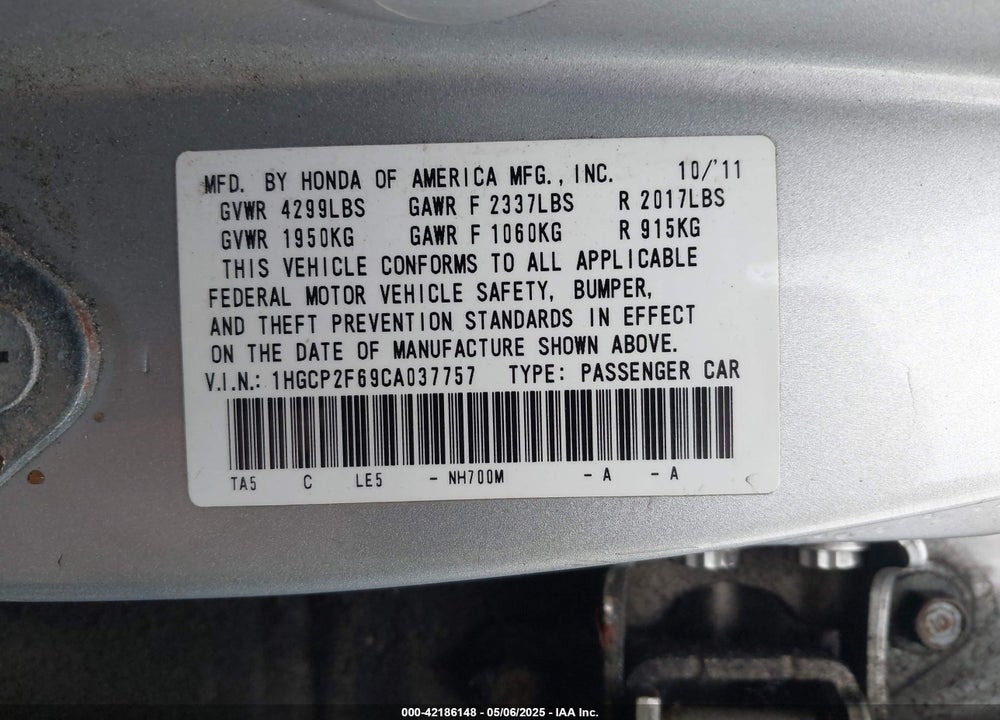 2012 HONDA ACCORD VIN: 1HGCP2F69CA037757