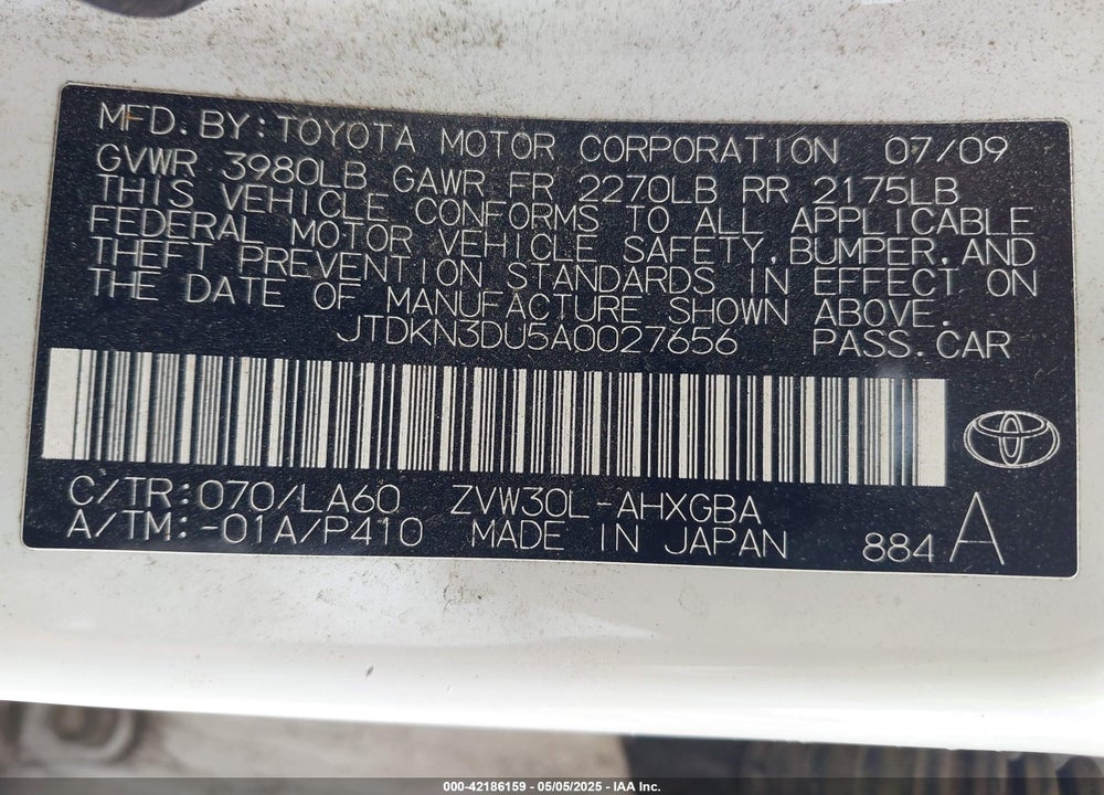 2010 TOYOTA PRIUS IV VIN: JTDKN3DU5A0027656