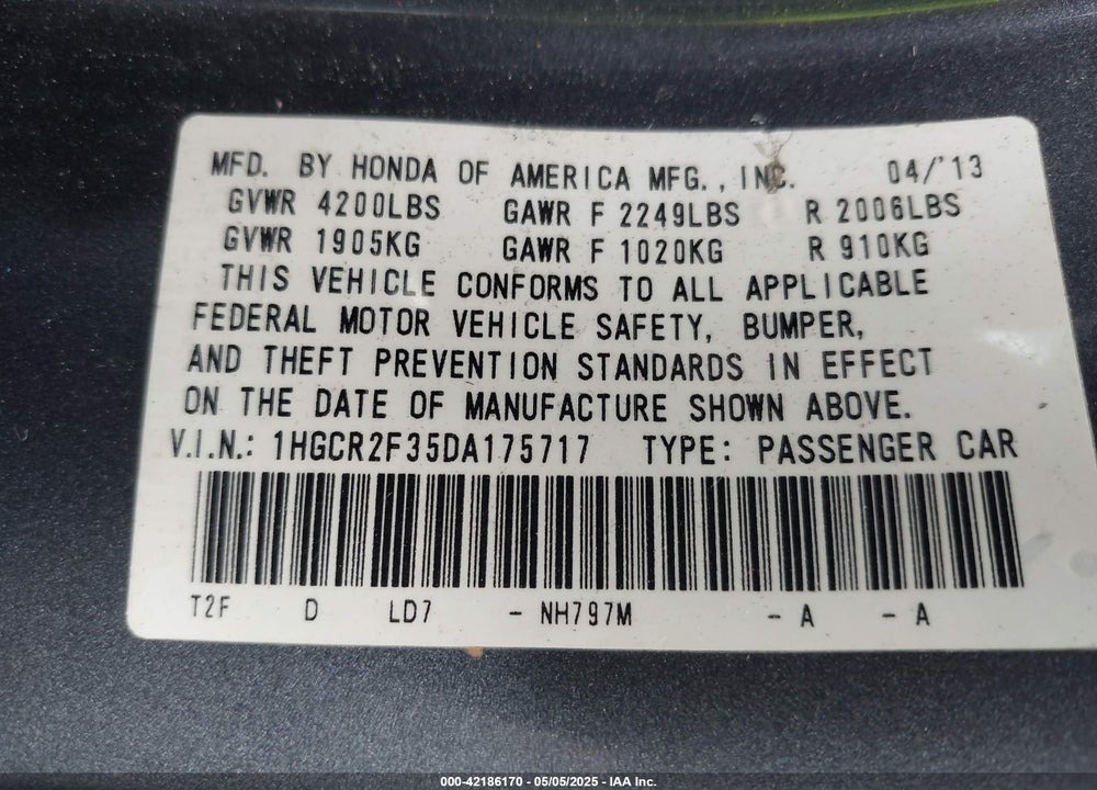 2013 HONDA ACCORD LX VIN: 1HGCR2F35DA175717