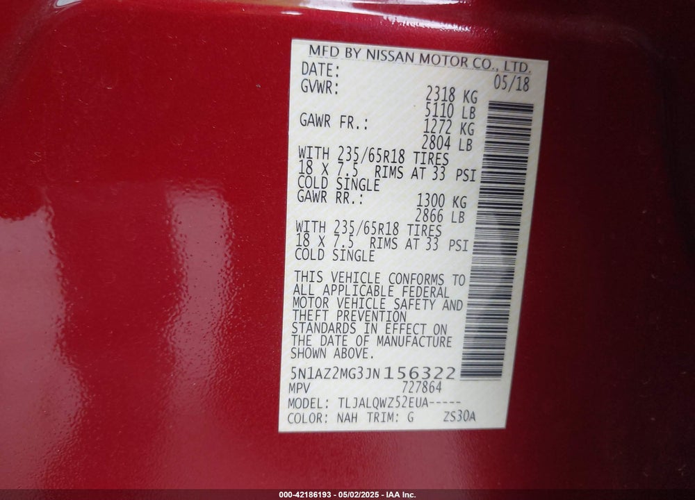 2018 NISSAN MURANO VIN: 5N1AZ2MG3JN156322
