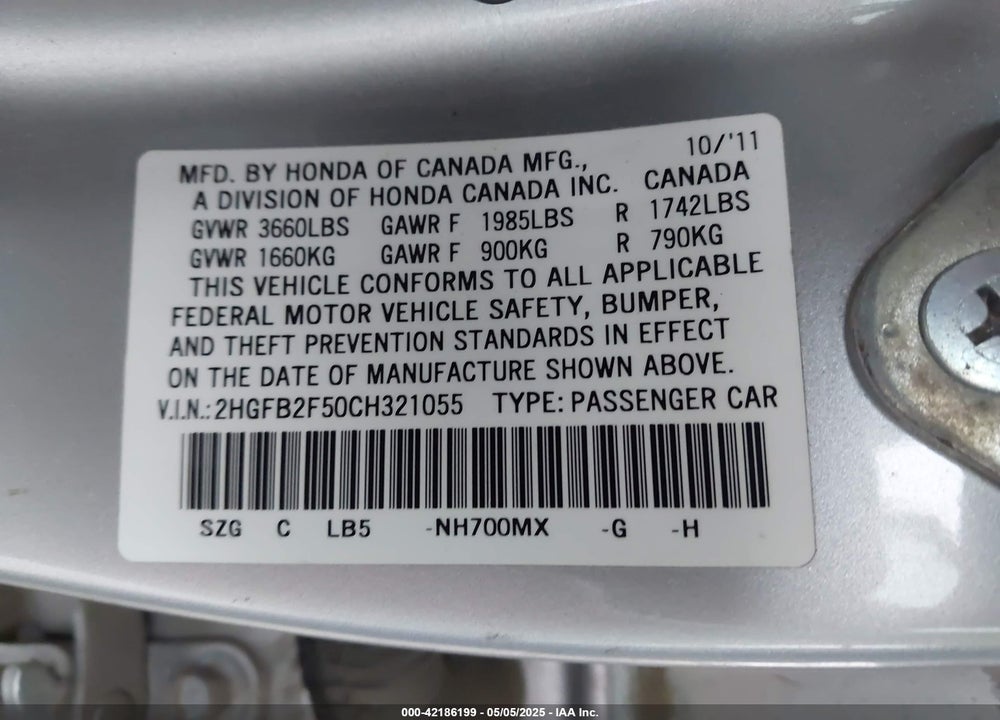 2012 HONDA CIVIC LX VIN: 2HGFB2F50CH321055