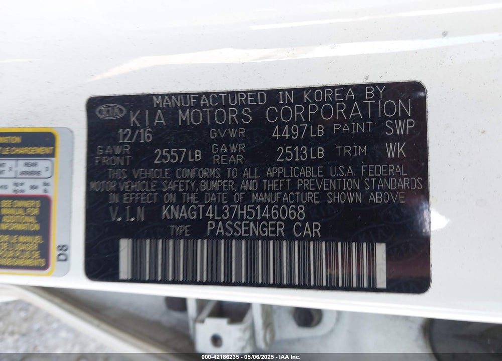 2017 KIA OPTIMA LX VIN: KNAGT4L37H5146068