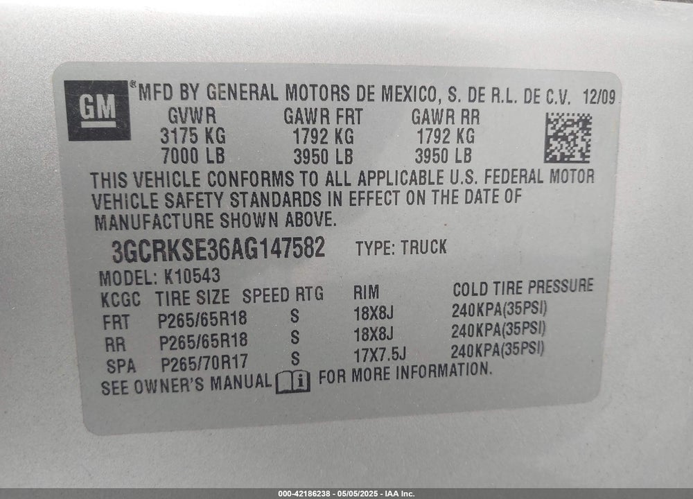 2010 CHEVROLET SILVERADO 1500 VIN: 3GCRKSE36AG147582