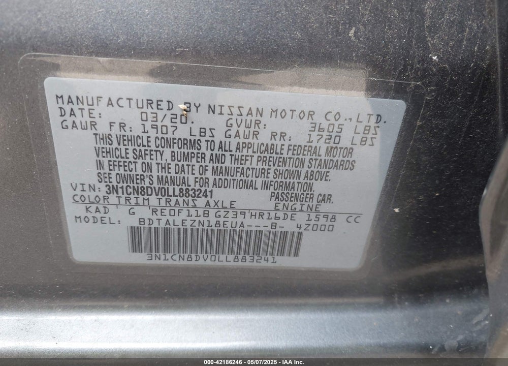2020 NISSAN VERSA S XTRONIC CVT VIN: 3N1CN8DV0LL883241