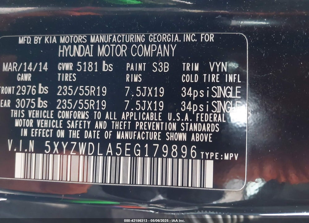 2014 HYUNDAI SANTA FE SPORT VIN: 5XYZWDLA5EG179896