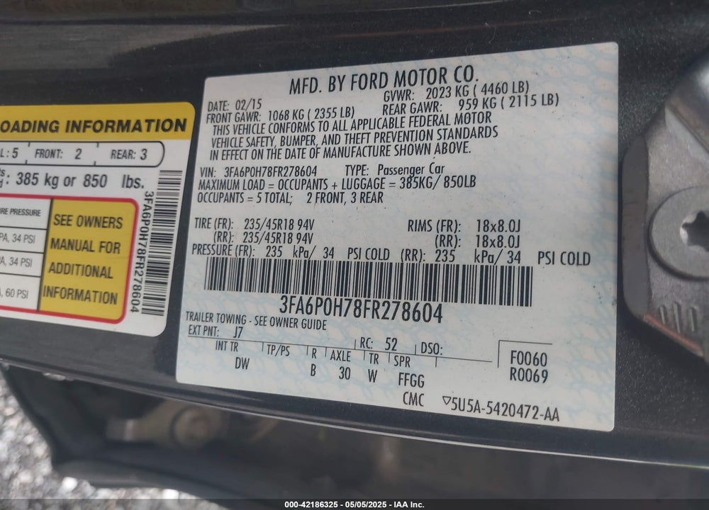 2015 FORD FUSION VIN: 3FA6P0H78FR278604