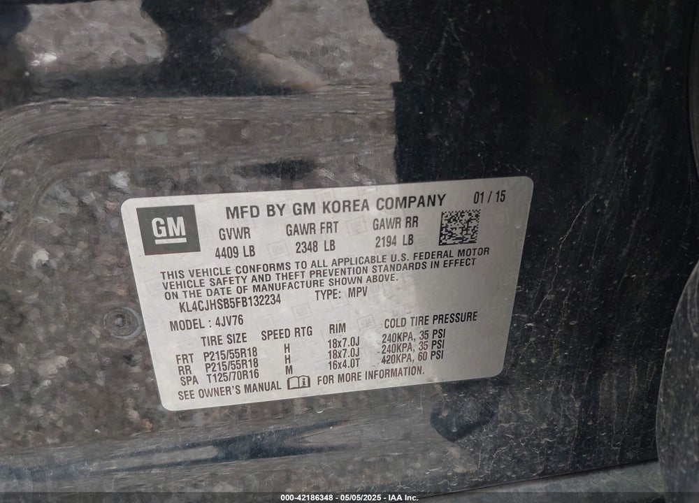 2015 BUICK ENCORE PREMIUM VIN: KL4CJHSB5FB132234